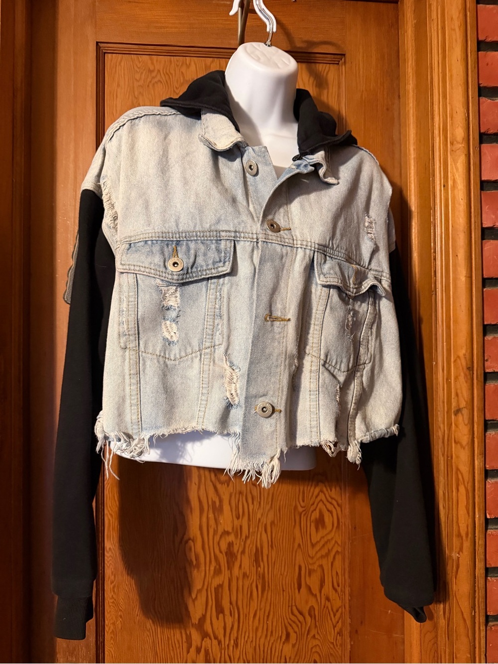 Dance & Marvel Light Wash Denim Cropped Jacket with Black Hoodie Sleeves
